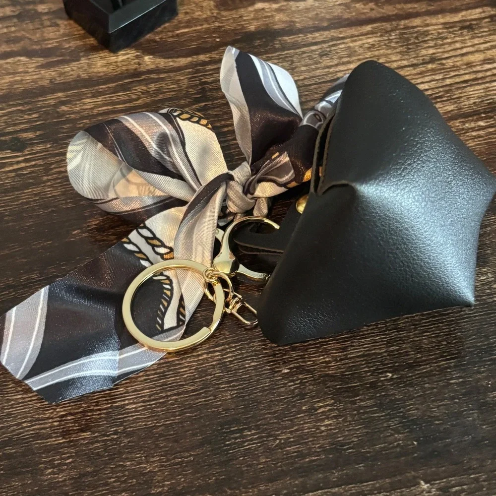 Black Mini Tote Bag Keychain Charm with Scarf Detail and Gold Hardware